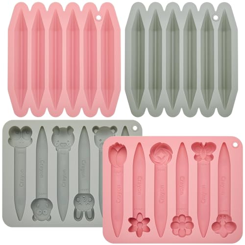 Tessco for you 4 Pack Assorted Crayon Molds Cavity 3D Crayon Silicone Mold Triangular Silicone Chocolate Making for DIY Wax Crayons Candle Melting Animal Flower Chocolate Pen Shapes Pink Gray