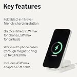 Amazon Basics MagSafe Compatible 25W max. Chargement rapide certifié Qi2.2 2-in-1 Station de recharge sans fil, support pliable pour iPhone 17/16/15/14/13/12, AirPods, avec 45W max. Adaptateur blanc