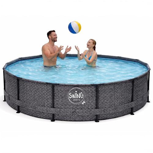 HAF - Swing Frame Pool rund Grau Fischgräte (Ø 305 cm 76 cm tief) - Gartenpool mit 4.500 Liter - Robust UV-geschützt & korrosionsbeständig - Stabiler Metallrahmen - Schnellaufbau ohne Werkzeug