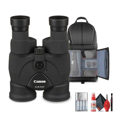 Canon 12x36 is III Image Stabilized Binoculars (9526B002) + Sling Backpack + AA Rechargeable Batteries + Cleaning Kit (Renewed)