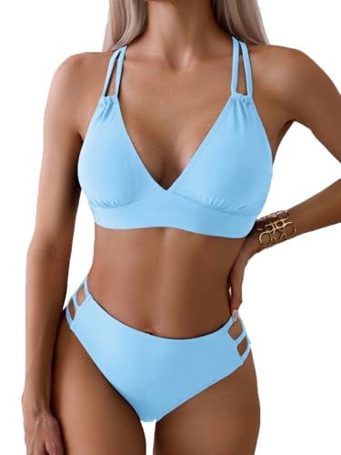 Image of Fanuerg Women's Sexy V Neck Bikini Sets Hollow Out Two Piece Swimsuits Cutout Mid Waist Bathing Suit