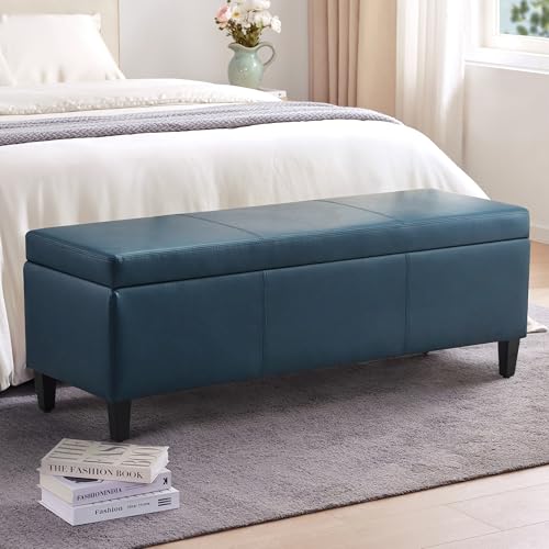 Image of HUIMO Faux Leather Storage Ottoman Bench 50.3 Inch Extra Long PU Upholstered Bedroom Bench with Large Storage Space for The Living Room, Entryway, Bedroom Hold Up to 300lbs (Peacock Blue)