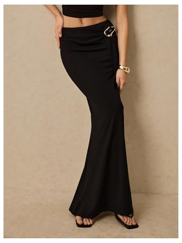 GORGLITTER Women's Metal Buckle Belted Bodycon Long Skirt Elegant Cocktail Evening Skirts2