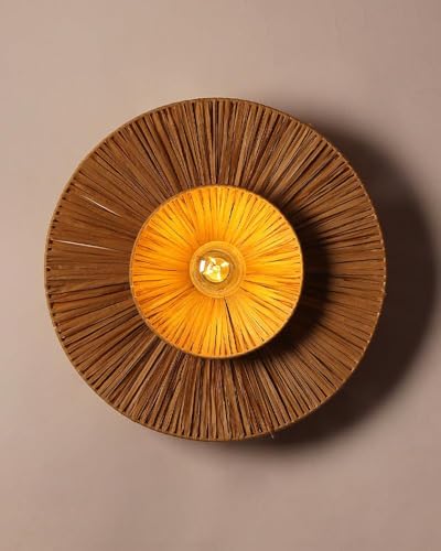 Image of Export India Round Raffia Wall Sconce Light | Bamboo Wall Lamps | Cane and Rattan Raffia Wall Lamp | Light for Home, Restaurants, Offices, Bedroom || Dia 16 inch