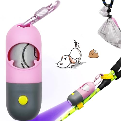 Image of YUCHIYA Dog Poop Bags Holder with UV Flashlight with 1 Roll of Leak-Proof Dog Waste Bags Black Light for for Pet Urine Detector with Built-in LR44 Batteries and Dog Walking Accessories (Pink)