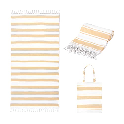 Folkulture Turkish Beach Towel for Adults with Travel Bag 40" x 72" Bath Towels, Beach Blanket or Oversized Sandproof Beach Towels, 100% Cotton Quick Dry, Lightweight and Large, (Yellow)