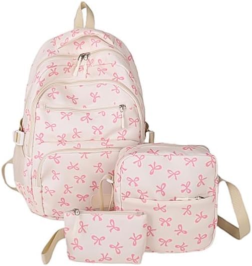 Coquette Bow Backpack-Laptop Backpack Cute Kawaii Backpack Set Nylon Aesthetic Daypack Bow Rucksack for Women,White Pink