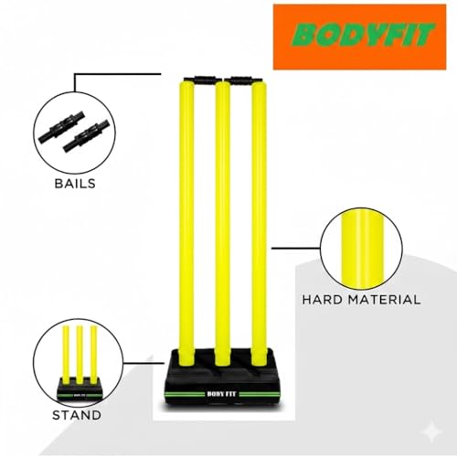 Image of Bodyfit Heavy Cricket Stumps | Plastic Wickets Set with 3 Stumps + 2 Bails + 1 Stand | Full Size Wickets for Cricket Ground, Tournament Wicket. (Yellow Black)