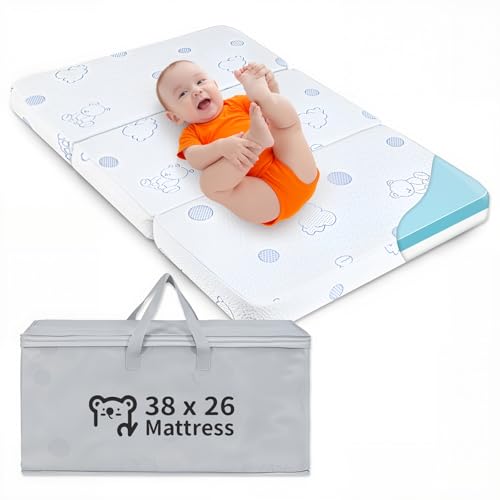 HREVAI Trifold Pack and Play Mattress, 38x26 Dual-Sided Baby Mattress for Pack n Play, Foldable High Resilience Memory Foam Pack n Play Mattresses Pad with Removable Cover & Travel Carrying Bag