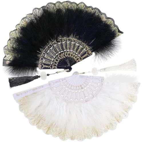 2 Pieces Feather Hand Fan Embroidered Flower Marabou with Tassel Pendant 1920s Vintage Style Flapper Fan for 20s Women Costume Party Dancing Photoshoot Wedding Decor(White and Black)