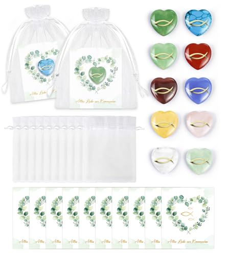 Kleine Geschenke für Kommunion Junge Mädchen, 10er Herz Glückssteine mit Fisch für Kinder mit Kommunion Karte und Organza Beutel, Mitgebsel Kommunion Gastgeschenke, Tischdeko Kommunion Deko