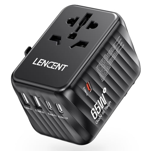 LENCENT Adaptador Enchufe Universal GAN III 65W, Cargador Internacional con 2 USB A y 3 Tipo C PD Carga Rápida, Adaptador de Viaje para Móvil, Tableta, Portátil (EU/USA/UK/AU), Negro