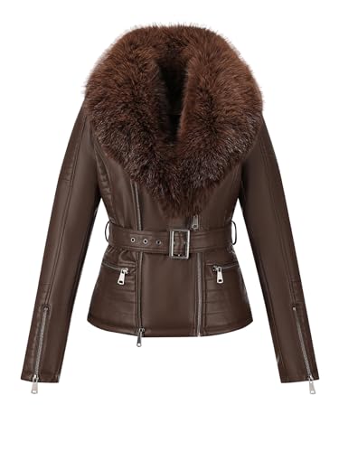 Bellivera Women's Faux Leather Jacket Moto Biker Sherpa-Lined Coat with Removable Fur Collar