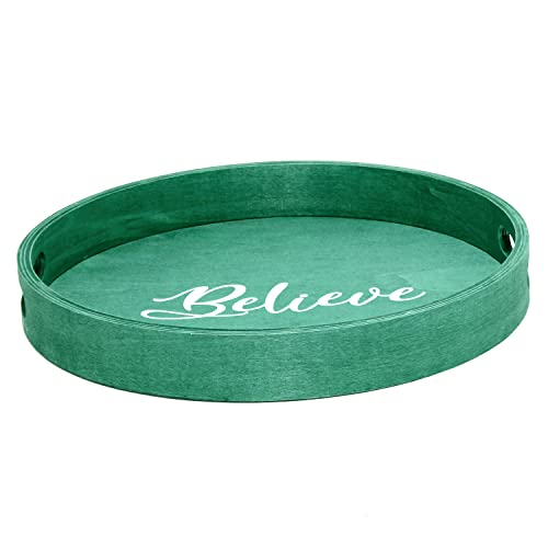 Elegant Designs HG2013-GBL Christmas Decorative 13.75'' Round Wood Serving Tray w/Handles, Green Believe