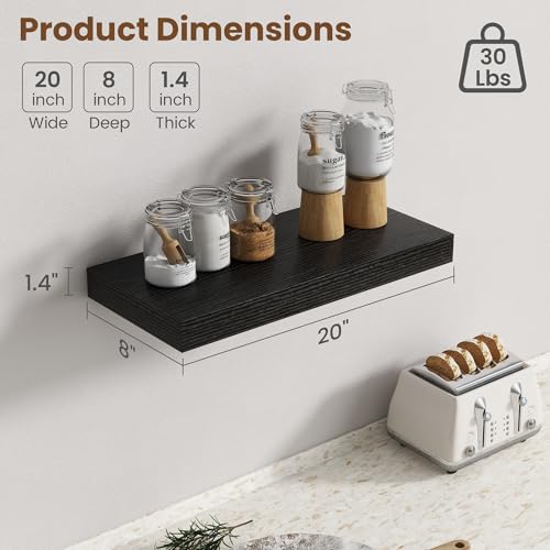 Image of 20 Inch Floating Shelves for Wall, 8 Inch Deep Floating Shelf for Storage & Display, Rustic Wall Mounted Shelf with Invisible Brackets for Living Room, Kitchen, Bathroom, Home Decor, Set of 2, Black