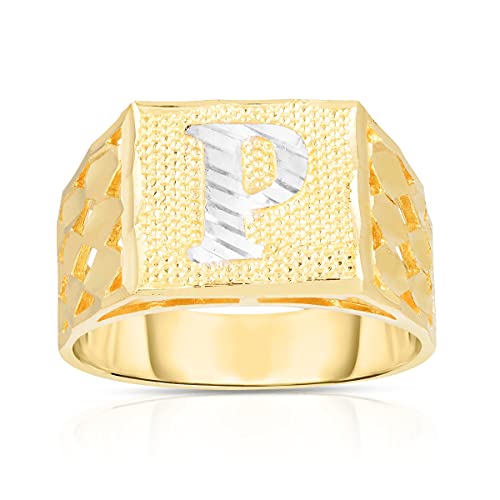 Floreo Men’s 10k Yellow Gold Square Two Tone Initial Ring A-Z, Sizes 6-11