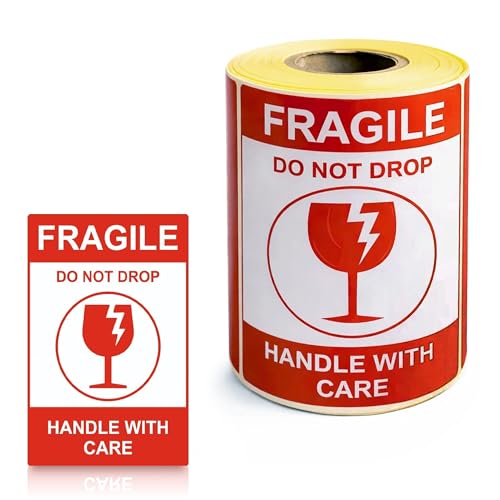 Image of GLUN Pack of 100 Piece Fragile Shipping Stickers, 4x6 inch Size Roll, Bold High-Visibility inchHandle with Care inch & inchDo Not Drop inch Warning Stickers for Safe Delivery
