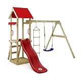 WICKEY Parque Infantil TinyCabin con Columpio y tobogán Rojo, Torre de Escalada para niños al Aire Libre con arenero, Escalera y Accesorios de Juego para...