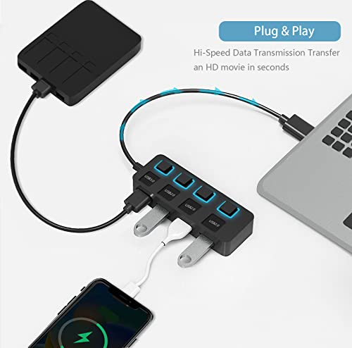 USB 3.0 Hub,4-Port Mini USB hub 3.0,2.0 Hub with Individual LED Power Switches,USB Expander for Laptop,PC,MacBook,Flash Drive,Console, Printer,Camera,Keyborad,Mouse,and More USB Devices - Thumbnail 5