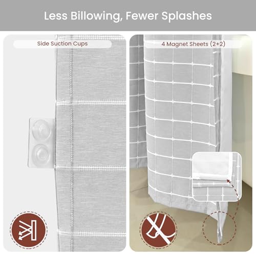 DRIFTED ROOT No Hook Shower Curtain Set with Snap-in Detachable Liner and Mesh Top Window, Grid Jacquard Fabric, Water-Repellent, 4 Hem Magnets, Side Suction Cups, Gray, 72 x 80 Inch by DRIFTED ROOT - Used condition - Image 4