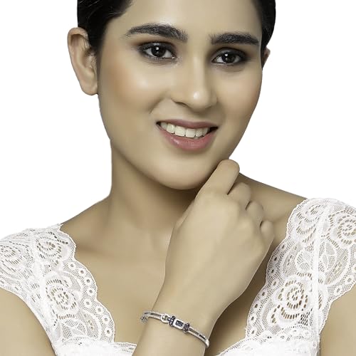 Image of ZENEME Rhodium-Plated American Diamond Studded Flower Patterned Kada Bracelet For Girls and Women