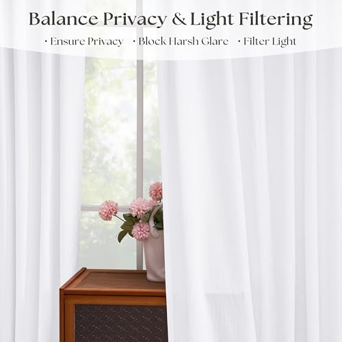 Image of Extra Wide Snow White Pinch Pleated Semi Sheer Linen Curtains 70x102 Drape | 70 inch wide 102 inch Extra Long, Light Filtering Privacy, Living Room, Burlap Textured, Memory Shape Hook Rings, Bohemian