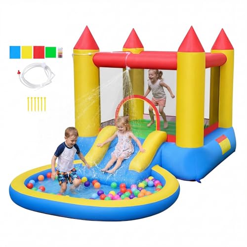 Costzon Inflatable Bounce House with Slide, 2-in-1 Kids Jumping Castle with Water Pool & Ball Pit for Littles Backyard Fun, Wet Dry Water Bounce House Inflatables for Toddler Indoor Outdoor