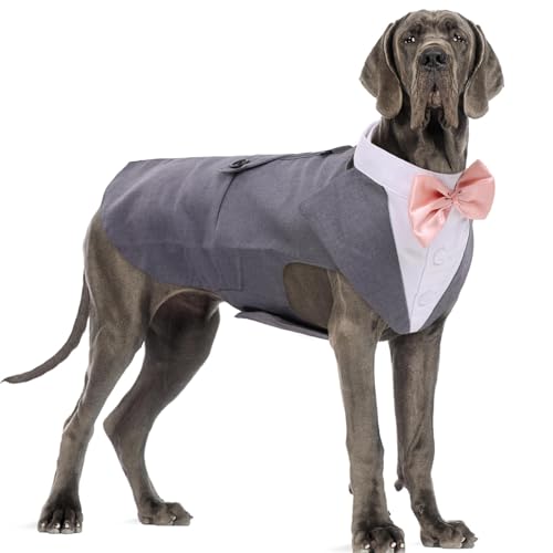 DORA BRIDAL Dog Tuxedo for Large Dogs, Dog Suit and Bowtie, Formal Dogs Wedding Outfit, Pet Tuxedo and Bandana Set Valentines Birthday Christmas Party Costumes for Labrador,Golden Retriever, Grey, L