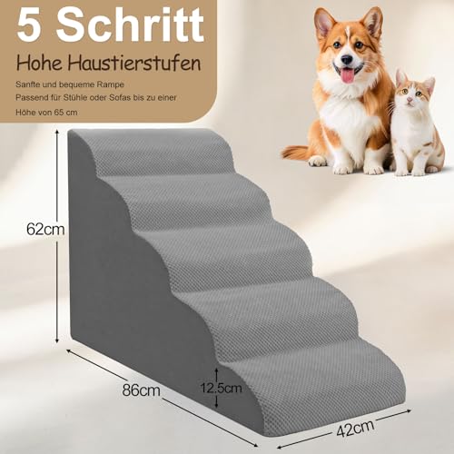 Niubya Hundetreppe für Kleine Hunde, H62 cm, für Katzentreppe Hundetreppe Bett und Sofa, ältere und verletzte Haustiere, mit waschbarem Bezug und hochdichtem Schaumstoff (Grau, 5 Stufen)