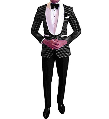 HBDesign Men 2 Piece 1 Button White Dot Black Slim Fit Fashion Suits(Jacket+Pants+Tie+Corset)