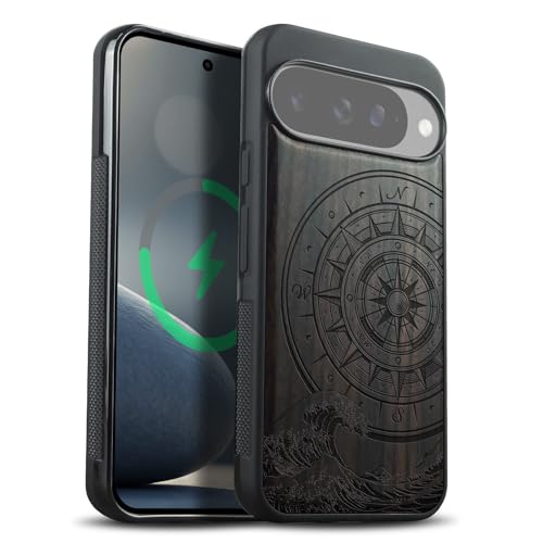 Carveit Drewniane etui do smartfona Pixel 10, etui na telefon komórkowy, kompatybilne z MagSafe, silikonowe, odporne na uderzenia, magnetyczne etui do Google Pixel 10 (ciemne drewno, kompas przed