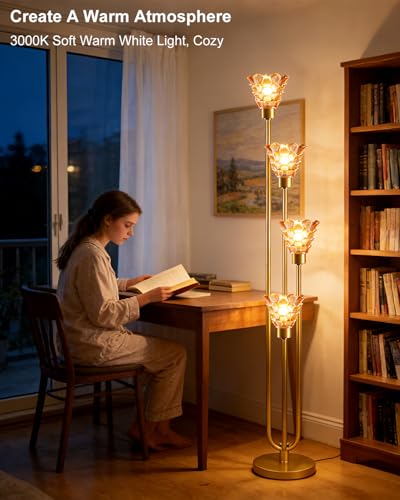 Image of Lightdot Glass Floor Lamp Dimmable 4-Lights Gold with Amber Glass Shade 3000K Bulbs Included Mid Century Modern Standing Tall Lamp with 5Lbs Heavy Base for Living Room /Bedroom /Sofa Beside /Corner Decor