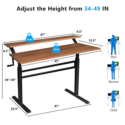 Ergo Comfy Height Adjustable Standing Desk, Ideal For Home Office, Gaming, Sit Stand/Standup, 2 Tier Ergonomic Crank Standing Desk With Computer Monitor Shelf (Walnut) #TOP2