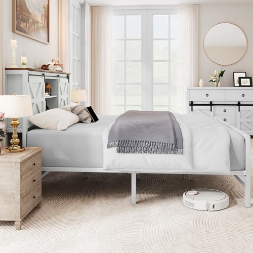 YITAHOME Farmhouse King Size Bed Frame with Headboard, Bookcase Storage Shelves, Sliding Barn Door, Charging Station, Rustic Wood Platform Bed, No Box Spring Needed, White