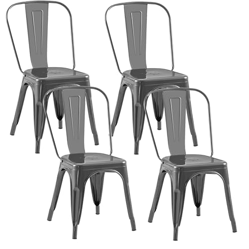 Image of Metal Dining Chairs with Backrest, Stackable, Grey, 4 Pack | Easy Assembly, Non-Slip Feet, 330 lb Capacity, Kitchen, Restaurant, Cafe, Pub, Covered Patio