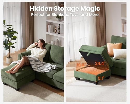 Image of CHIC HOUSE Modular Daybed Sectional, Extra Deep Movie Pit Couch with Storage Ottomans, Corduroy Sleeper Sofa Alternative for Small Spaces, (Green, 6 Seater Sleeper)