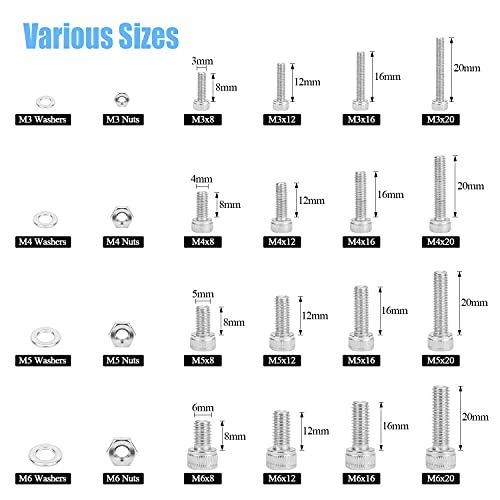 DYWISHKEY 520 PCS M3 M4 M5 M6, 304 Stainless Steel Hex Socket Head Cap Bolts Screws Nuts Washers Assortment Kit with Hex Wrenches