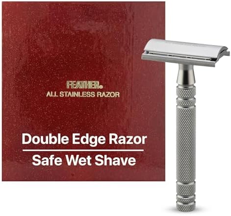 Feather All Stainless Steel Double Edge Safety Razor AS-D2 - Weighted Handle for Grip and Precision Shaving - Includes 5 Hi-Stainless Replacement Blades for Men & Barbers - Made in Japan