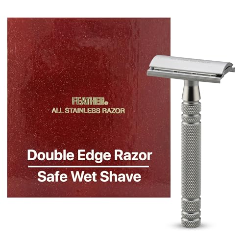 Feather - All Stainless Steel Double Edge Safety Razor AS-D2 - Luxurious Single Blade Razor for Men with Heavy Weight Handle - Built for Closer Shave - Includes 5 Hi-Stainless Blades - Made in Japan