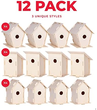 12 Wooden Birdhouses - Crafts for Girls and Boys - Kids Bulk Arts and Crafts Set - 12 DIY Unfinished Wood Bird House Kits, 12 Paint Strips, 12 Paintbrushes & Stickers for Children to Build & Paint