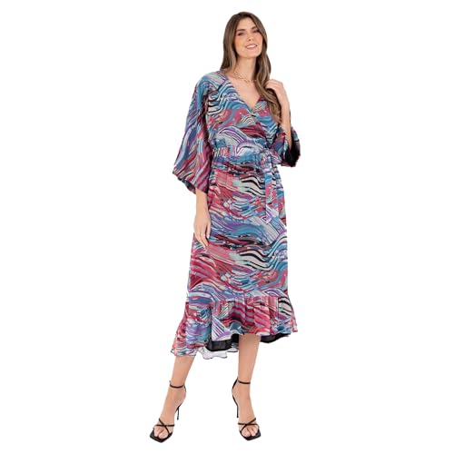 Lovedrobe Women's Ladies Maxi Dress V-Neck Kimono Half Sleeve Wrap Front High-Low Hem Abstract Floral Print Waist Tie A-Line, Vestido De Las Mujeres, Multi,