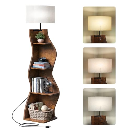 Image of Evermagin 4 Tier Corner Shelf with Light, 64'' Tall Corner Bookshelf with Unique Shape, Stylish Wavy Bookcase Tower with Storage Organizer for Small Space, Living Room, Bedroom (Rustic Brown)