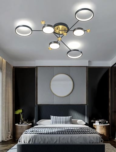 Plafonnier LED noir à 6 têtes lustre moderne dimmable avec télécommande pour salon