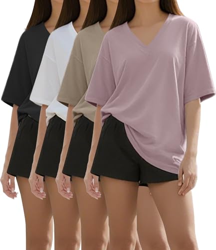 Kinglaman 4 Pack Oversized TShirts for Women, Short Sleeve Drop shoulders Plus Size Baggy Dry Fit T Shirts Tops Tees for Casual or Athletic 1 Black 1 White 1 Dark Pink 1 Khaki Medium