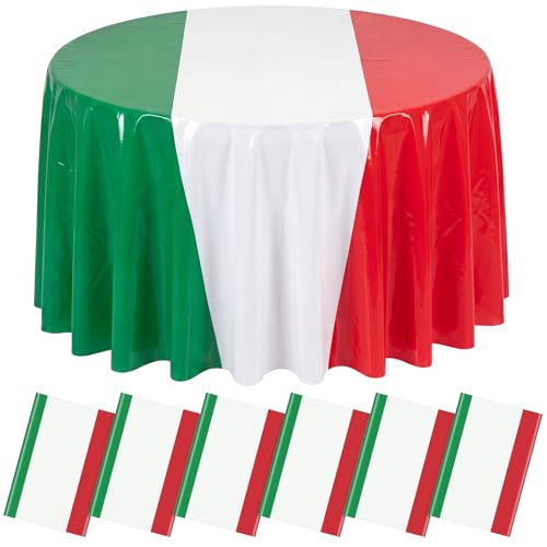 Image of Hahafelt 6 Pcs Italian Flag Plastic Tablecloth 84 Inch Round Red White and Green Disposable Table Cover Italy Circular Table Cloth for Italy Family Gathering Kitchen Decoration