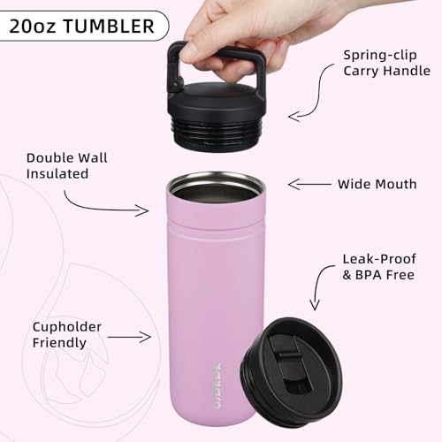 Image of BJPKPK 20 oz Insulated Travel Water Bottle, Coffee Tumbler Stainless Steel | Double Wall Vacuum, Leakproof, Thermal, Keeps Hot /Cold, Dishwasher Safe, Spill Proof, Wide Mouth, 2 Lids, Light Pink