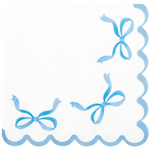 100 Blue Bow Scalloped Paper Napkins Disposable Party Napkin 6.5"