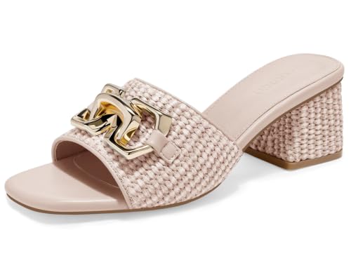Image of Coutgo Womens Raffia Slide Sandals Chunky Block Heeled Square Open Toe Metal Chain Slip on Mules Dressy Shoes