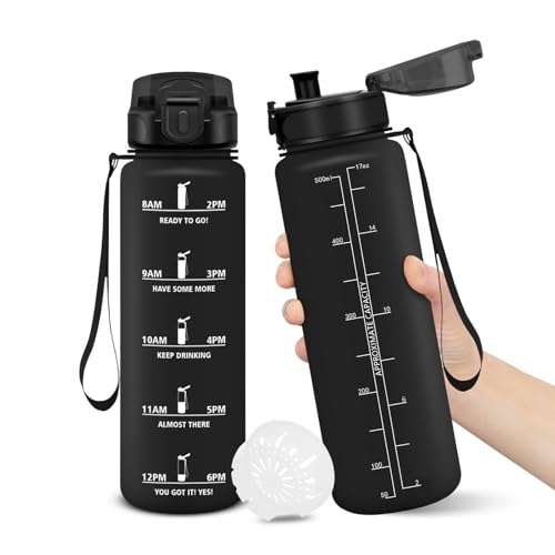 Gourde, 500ML Sans BPA, Gourde sport, Conception de Verrouillage Anti-Fuite, Bouteille, Avec Horodatage, Bouteille Eau pour École, Yoga, Camping, En cours d'exécution, Escalader Des Montagnes - Noir