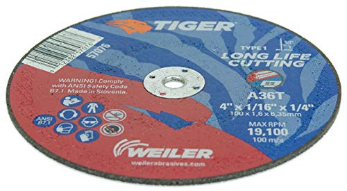 Image of Weiler 57076 4-Inch Cutting Wheel, Tiger AO Steel /Metal Long Life, Performance Cutting, 1 /16 inch A36T Type 1 1 /4 inch Arbor (Pack of 25)
